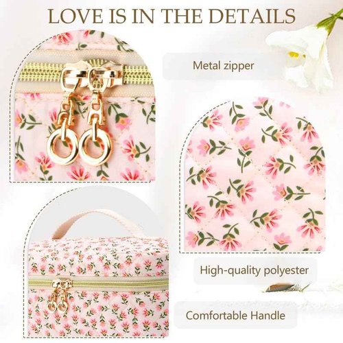 DOSUKE 3 PCS Travel Makeup Bag Set,A-Z Initials Cotton Make up Bag Floral Quilted Cosmetic Bag for Girls and Women,Personalized Christmas Gifts,Cute Toiletry Travel Accessories Brushes Bags-K