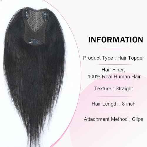 Hair Toppers for Women Real Human Hair 12 Inch 360¡Æ Cover Remy Human Hair Topper for Women with Thinning Realistic Scalp Clip in Pieces Straight Hair (Natural Black, Side Bangs)