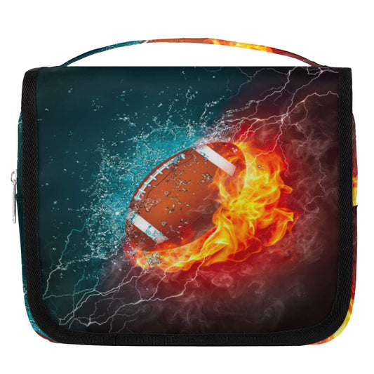 OMFUNS American Football Toiletry Bag for Women Men with Hanging Hook Fire Sport Ball Travel Cosmetic Bag Makeup Case Shaving Bag Organizer Pouch Bathroom Shower Toiletries Accessories