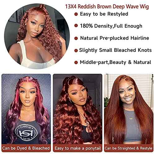 Siyun Show 13x4 Reddish Brown Deep Wave Lace Front Wigs Human Hair Wigs for Black Women 30 Inch Auburn Deep Curly Lace Front Wig