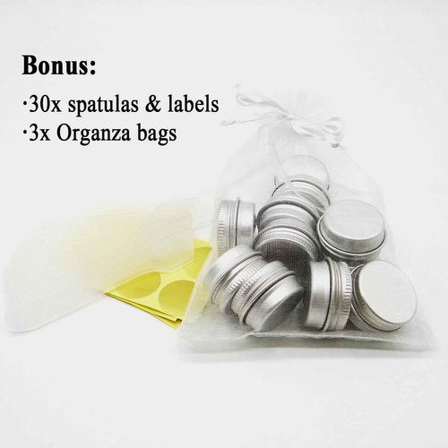Wopanxye 30 pack 5ml Round Lip Balm Tin Cans, 5g Aluminum Makeup Sample Containers with Screw Lid, Empty Silver Metal Tins Pot Storage Travel Tin Jars for Cosmetic, Cream, Candle, Tea, 5 Gram Tins