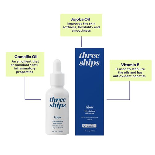 Three Ships - Glow 49% Jojoba Oil Serum | Helps Balance Skin, Control Oil, + Minimize the Look of Pores | Cruelty-Free, Vegan, Paraben-Free, Sensitive Skin Safe (1 fl oz | 30 mL)