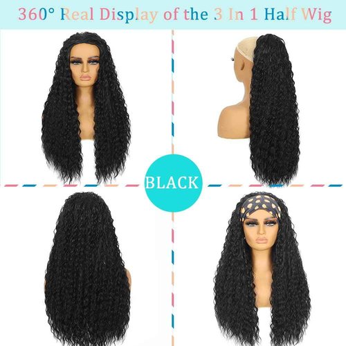 MARYLING Deep Water Wave Half Wig 3 In 1 Wear and Go Headband Wig Drawstring Seamless Flip Over Deep Curly Half Wigs Beginner Friendly Half Wig for Black Women Natural Black 26 Inch