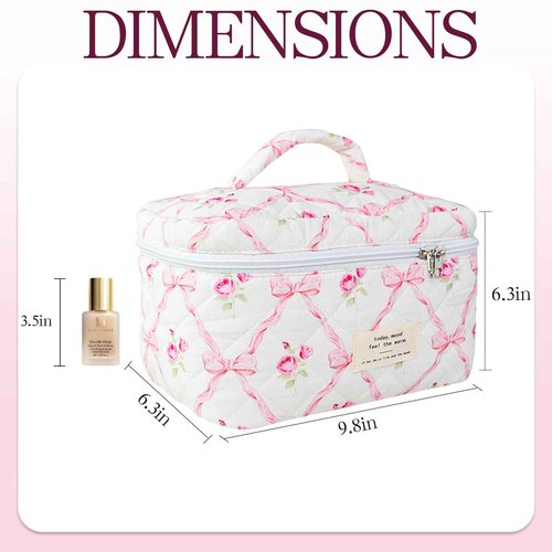 AMZMA Bow Makeup Bag Organizer, Travel Makeup Bags for Women, Quilted Cosmetic Bag for Women, Large Travel Toiletry Bag, Cute Makeup Bags for Teen Girls, Cute Toiletry Bag Organizer