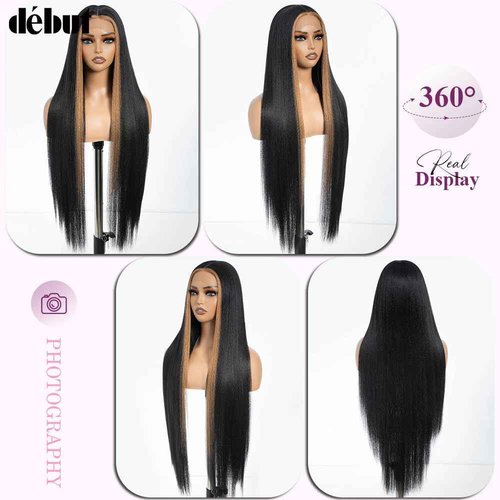 DÉBUT 36 Inches Light Yaki Straight Lace Front Wigs Super Long Synthetic Hair Wig 13x4x0.5 Middle Part Natural Hairline with Baby Hair Skunk Stripe 1B Blonde Wig for Women