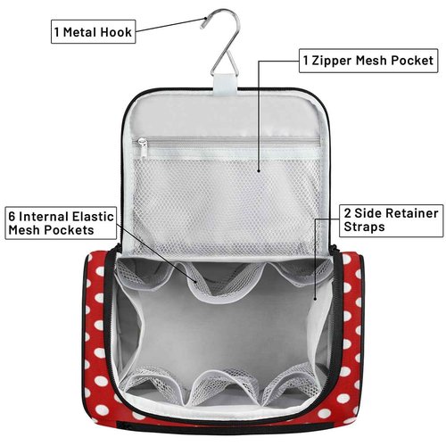 White Polka Dot Red Background Toiletry Bag for Women, Hanging Travel Toiletry Bag, Water-resistant Cosmetic Makeup Organizer for Toiletries and Cosmetics, Bathroom Shower Bag with Handle and Hook