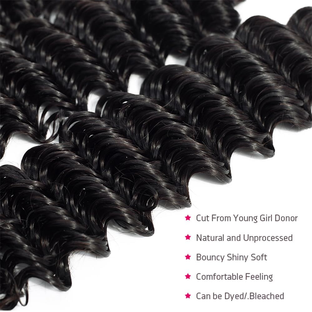 Deep Wave Bundles Human Hair Bundles 12 Inch Hair Bundles 12A Unprocessed Brazilian Virgin Human Hair Bundles Double Weft Deep Curly Weave Bundles Natural Black