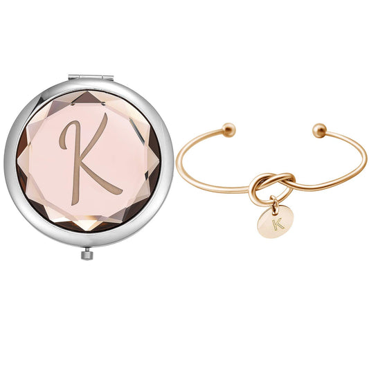 Maid of Honor Gift,Compact Crystal Pocket Makeup Mirrors,Initial Monogram Letter K Mirror And Love Knot Bracelets for Bachelorette Party Bridesmaid Proposal Gifts ,Wedding Party Gifts. (Champagne K)