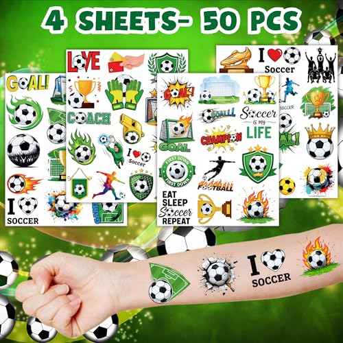 50 PCS Soccer Ball Temporary Tattoos for Kids, Sport Themed Tattoos for Birthday Party Supplies Europa World Cup Football Sports Player Tattoo Stickers for Boys Girls Party Bag Filler School Reward