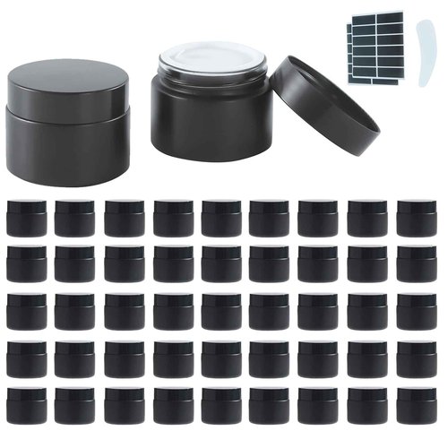 Lustervial 2Oz Small Glass Jars with Lids, 45Pack Lotion Container, Cosmetic Containers, Little Travel Jars for Creams with Mini Spoon, Black Label (Matte Black)