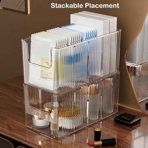 YIEZI 2 Pack Extra Thick Acrylic Makeup Organizer with Removable Dividers - Waterproof Bathroom Storage for Sheet Masks/Essences/Cosmetics, Clear Visible Design, Space-Saving Vanity Organizer