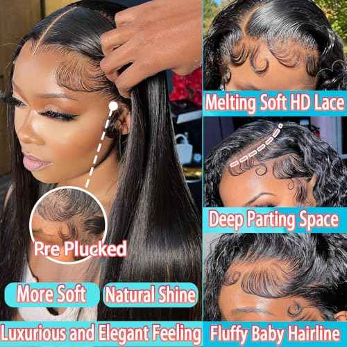 13x6 Lace Front Wigs Human Hair 180 Density Straight HD Lace Front Wigs Human Hair Pre Plucked Glueless Wigs for Women Straight Lace Frontal Wigs Natural Black 22 Inch