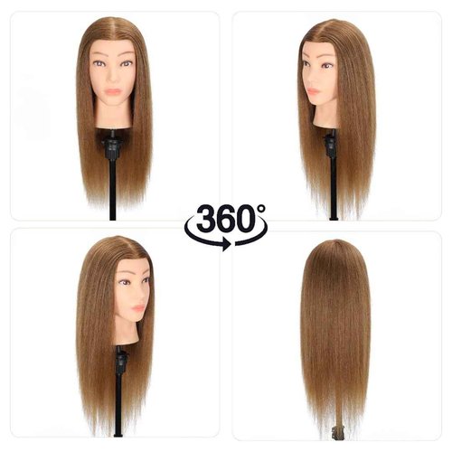MQHIHI Mannequin Head Human Hair, 100% Real Hair Cosmetology Manikin Head for Practice Braiding Hairstyling Cutting with Free Clamp Holder and Tools (100% Light Brown)