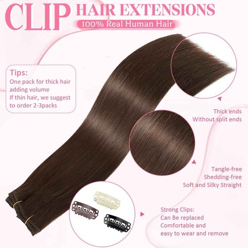 Clip in Hair Extensions Real Human Hair Clip ins 100% Human Hair Extension for Women Clip in Extensions 8pcs Per Set with 18 Clips Double Weft (18 Inch 80g #4 Chocolate Brown)