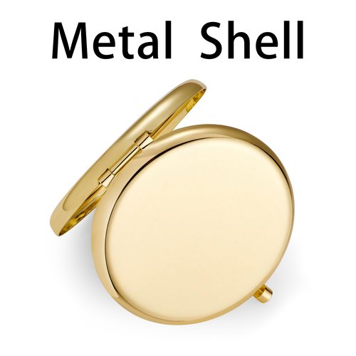 QUSTGO Compact Mirror, Pocket Travel Makeup Mirror for Purse, Metal Round Shell, 2-Sided 1X/2X Magnifying, Portable, Folding, Handheld, Gold, 2 Pack