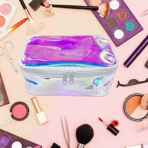 TotePrint TPU Holographic Clear Makeup Bags Bulk,Clear Storage Bag Toiletry Pocket Portable Zippered Iridescent Pouch Waterproof Cosmetic travel Bags with white zipppe for Women