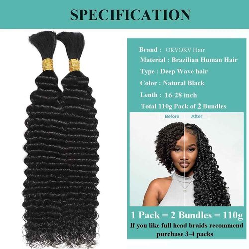 Human Braiding Hair for Boho Braids 22 Inch 110g Deep Wave Bulk Human Hair for Braiding No Weft 12A Curly Human Hair Extensions for Boho Braids 2 Bundle Wet and Wavy Human Hair