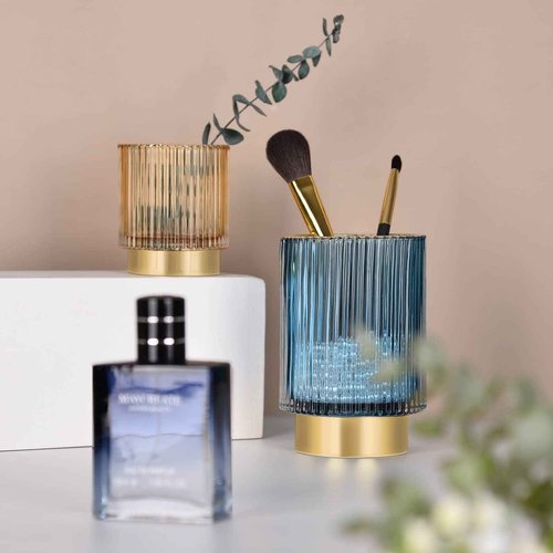 CANITORON Makeup Brush Holder,Glass Makeup Brush Holder Organizer Store Cosmetic Tools,Eyeliner,Storage Organizer for Vanity,Bathroom Countertop Organize and Bedroom Countertop Storage.(Amber L)