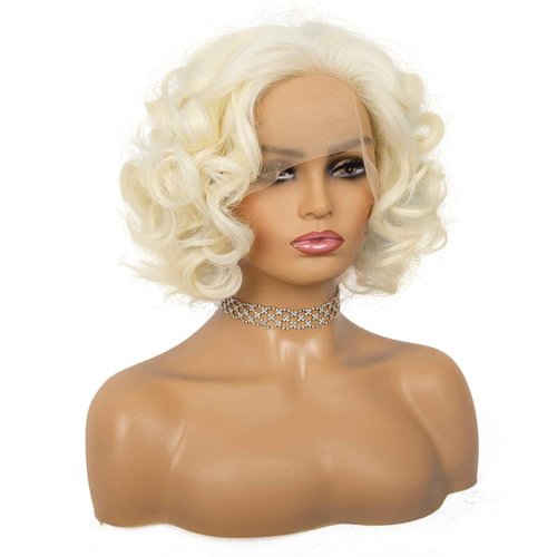 Amnenl Short Blonde 1920s Lace Front Wig Curly Bob Synthetic Hair Natural Hairline Platinum Blonde 40s 50s Wigs for Women