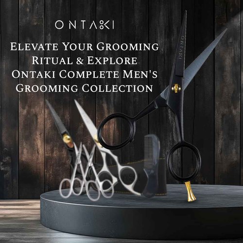 Ontaki Professional Beard Scissors for Men - 5 in Hand-Forged Black 410C German Steel - Includes 2 Combs & PU Pouch - Beard & Mustache Grooming Kit