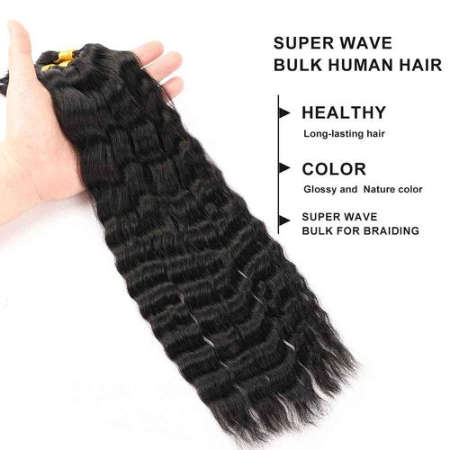 RLHAIR Wet and Wavy Human Braiding Hair Super Wave Bulk Human Hair For Braiding No Weft 100g (1Pack-4PCS) Super French Human Braiding Hair For Boho Braids (Super Wave（#1b）, 16 Inch)