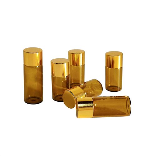 Beth Ada 50Pcs 5ml Amber Mini Essential Oil Bottles Sample Bottles with Orifice Reducers and Gold Caps,3/5ml Amber Glass Bottles Vials,for Perfume Aromatherapy Cosmetic Oils Container