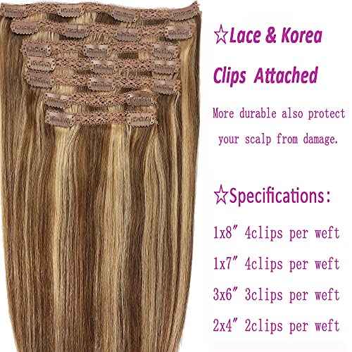 Human Hair Lace Clip In Hair Extensions Thick Ends Highlights Piano Color Chocolate Brown/Strawberry Blonde 16inch 100g Remy Hair Extensions