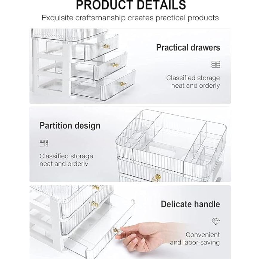 Kroshine Makeup Organizer with 3 Drawers, Countertop Organizer for Cosmetics, Desk Storage Holder for Lipstick, Brushes, Eyeshadow, Nail Polish and Jewelry (Large Capacity, Clear)