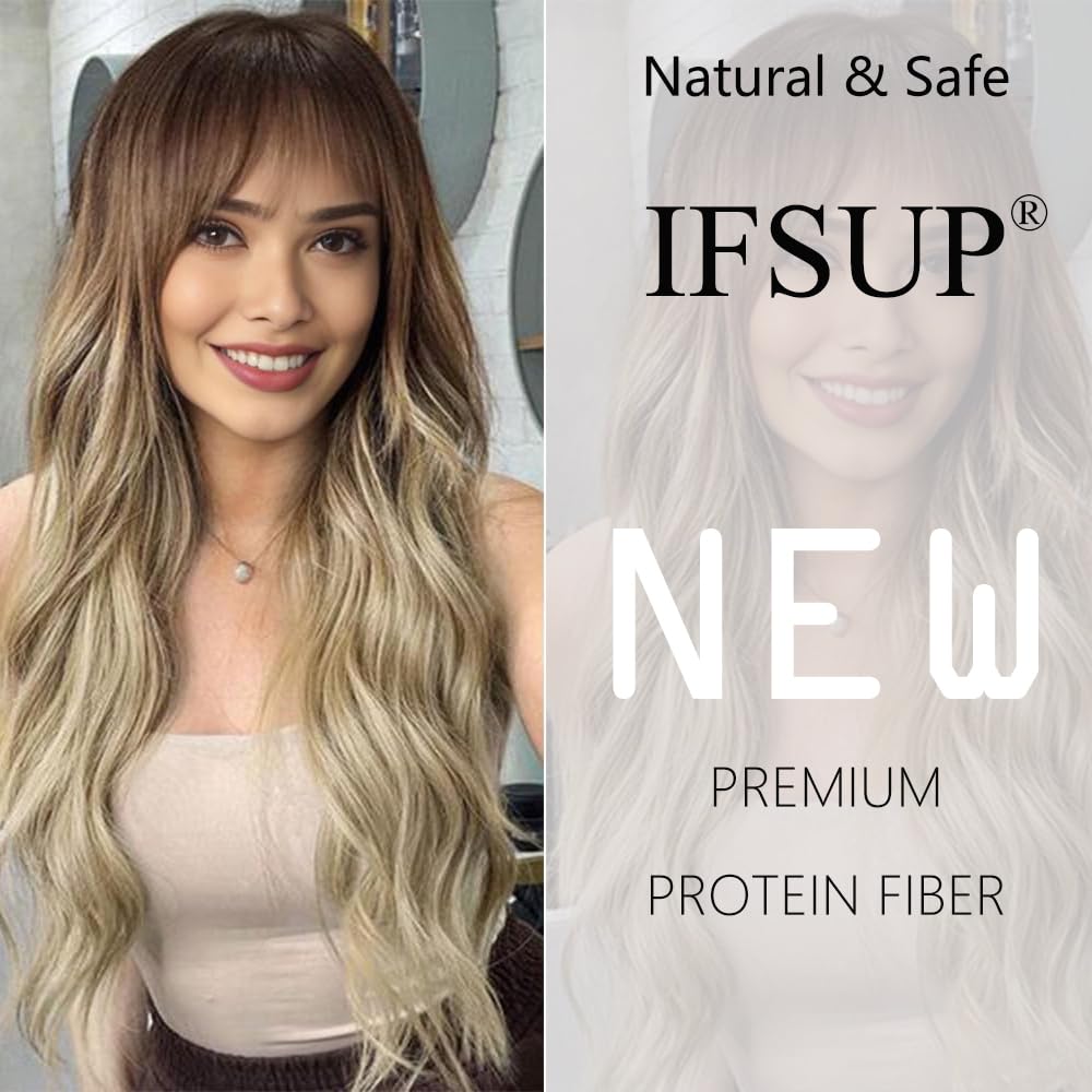 IFSUP Long Blonde Wig with Bangs 26inch Wavy Curly Wigs for Women Upgraded Synthetic Protein Fiber Natural Looking Hair Replacement Wigs Cosplay Costume Halloween Wigs(26'' Ombre Blonde)