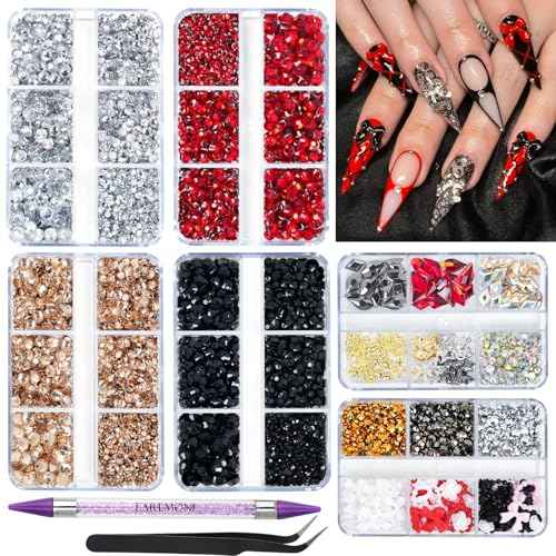 12000PCS Flat Back Rhinestone Black Red Rhinestones Silver Face Gems Gold Nail Charms Flatback Pearls + Rhinestone Picker Tool 3D Shapes Nails Jewels for Bedazzling Face Makeup and Nail Art