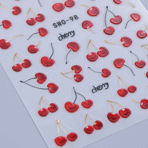 Cherry Nail Stickers Fruit Nail Decals 5D Embossed Fruit Design Sticker 3PCS Self-Adhesive Summer Nail Art Supplies Nail Manicure Accessories Slider Cherry Stickers for Women Nail Art Decorations