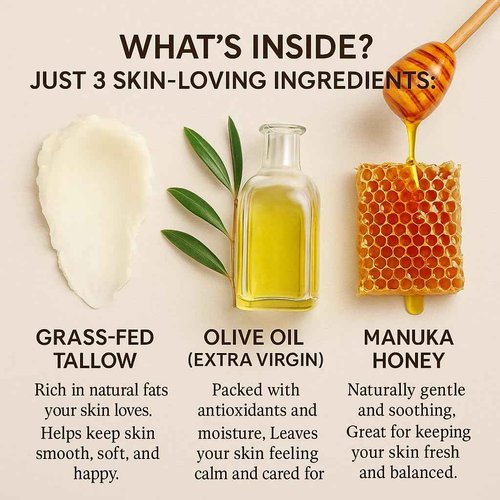 wuliao Grass Fed Tallow & Honey Balm – Organic Whipped Beef Tallow Cream with Manuka Honey, Cold-Pressed Olive Oil & Beeswax – Natural Face & Body Moisturizer for Dry, Sensitive Skin