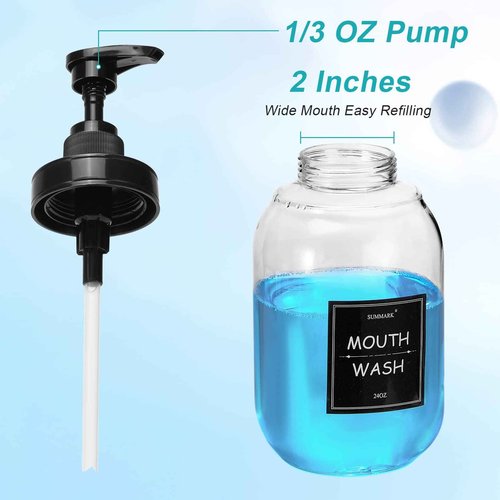 Summark Mouthwash Dispenser for Bathroom,Mouth Wash Pump Bottle with Stainless Steel Cup Holder,24 OZ Refillable Clear Mouthwash Container(2Pack)