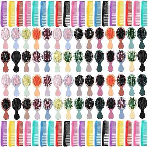 Gerrii 112 Pcs Mini Wet Hair Brush Hair Combs Set 56 Small Pocket Travel Detangler Hairbrush 56 Colorful Plastic Fine Wide Hair Combs Toddler Detangling Brushes Soft Bristles Bulk (Bright Color)