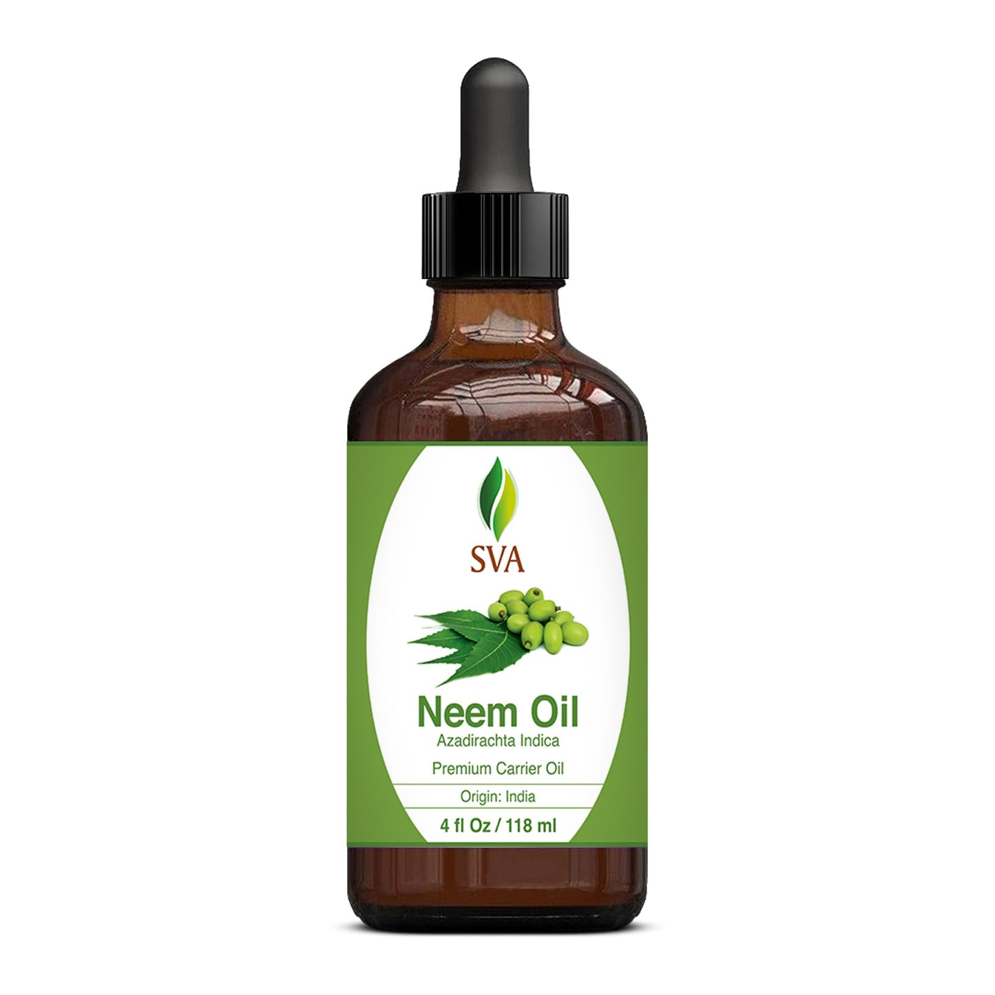 SVA Neem Seed Oil - 4 Fl Oz – 100% Natural Cold Pressed Neem Oil - for Face, Skin Care, Hair Care, Scalp Massage & Body Massage – Carrier Oil with Dropper