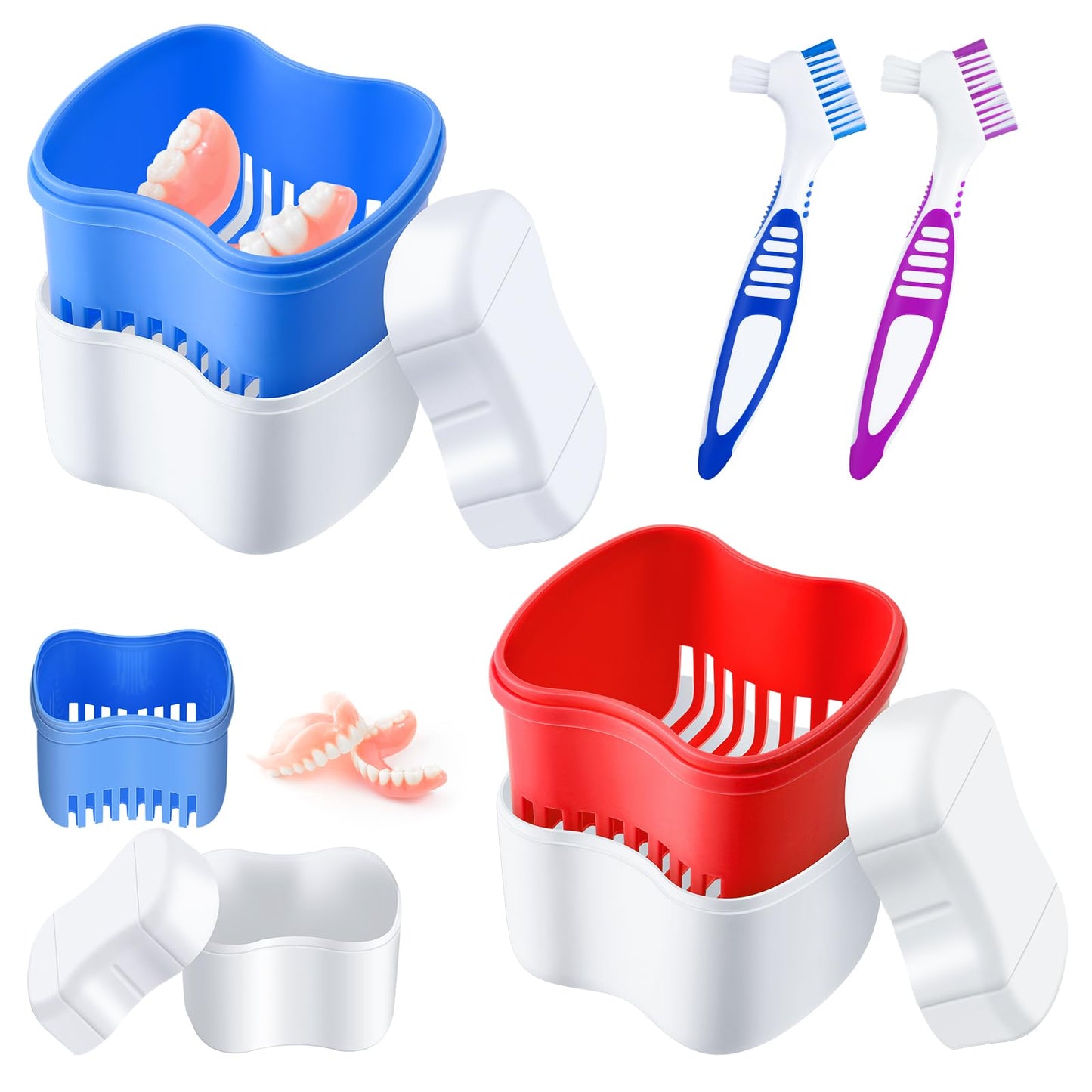 Patelai 2 Denture Cases Denture Bath Cups with 2 Denture Cleaner Brushes Retainer Cleaner Case Dentures Container Travel Retainer Case Braces Pacifier Storage