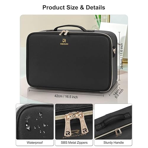 Relavel Travel Makeup Bag With LED Mirror, 16.2" Large Makeup Train Case, 3 Color Scenarios Adjustable Brightness, Waterproof Makeup Train Case Organizer with DIY Dividers for Makeup Artist, Black