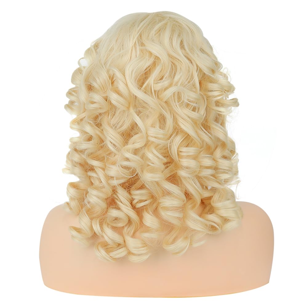 HUAISU Short Blonde Curly Kinky Wig with Bangs Synthetic High Density Shoulder Length Deep Wave Density Wig for Women One Piece Heat Resistant Fluffy Cosplay Wig (Blonde, 14inch)