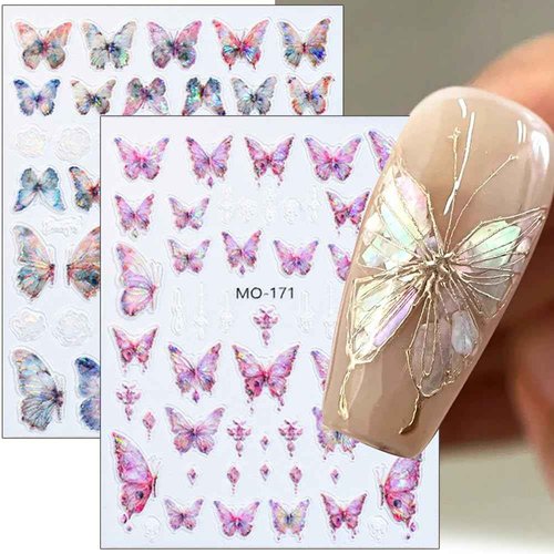 5D Aurora Butterfly Nail Stickers for Women Cartoon Butterfly Stickers for Nails Design 5D Embossed Rose Flower Butterfly Nail Decals for Nail Art Supplies Manicure Decor Sticker Nails Accessories