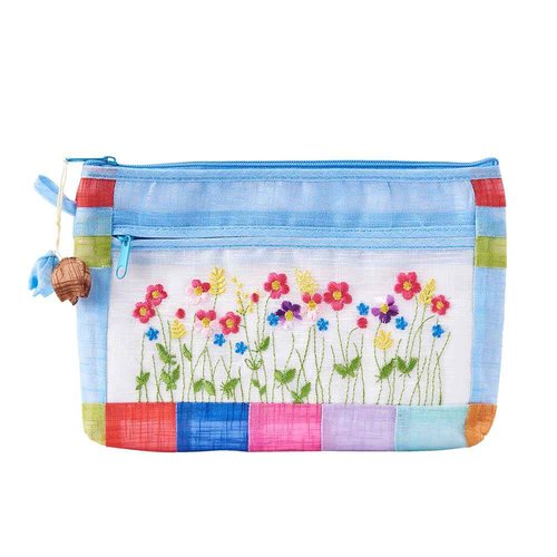 BOJAGI JADE Korean Traditional Patchwork Pouch – Hand-Embroidered Floral Design with Zipper (Light Blue)