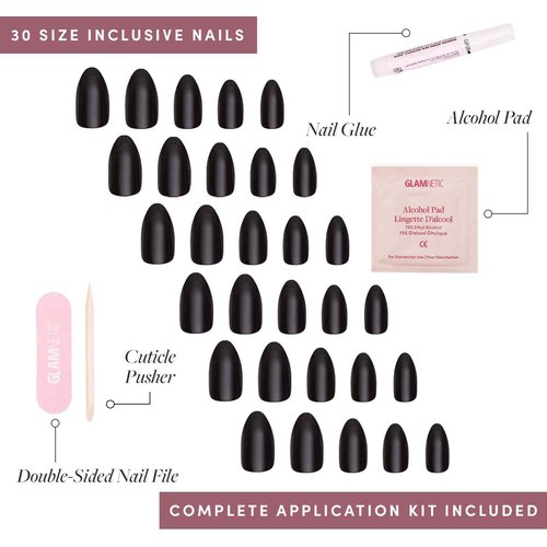 Glamnetic Press-On Nails & Adhesive Nail Tabs - Boba | Opaque Black Short Almond Nails, Reusable | 12 Sizes - 24 Nail Kit with Adhesive Tabs