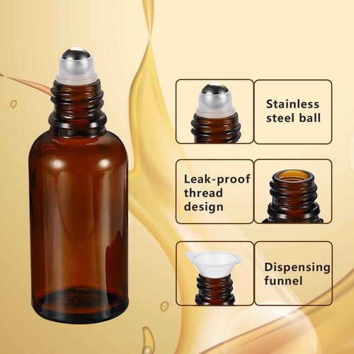 HEYLEAYAR 100ML Roller Bottles for Essential Oil, 3 Pack Empty Amber Glass Roller Bottle for Perfume Oil, Roll on Bottles with Stainless Steel Roller Balls, Opener, Funnel and Dropper