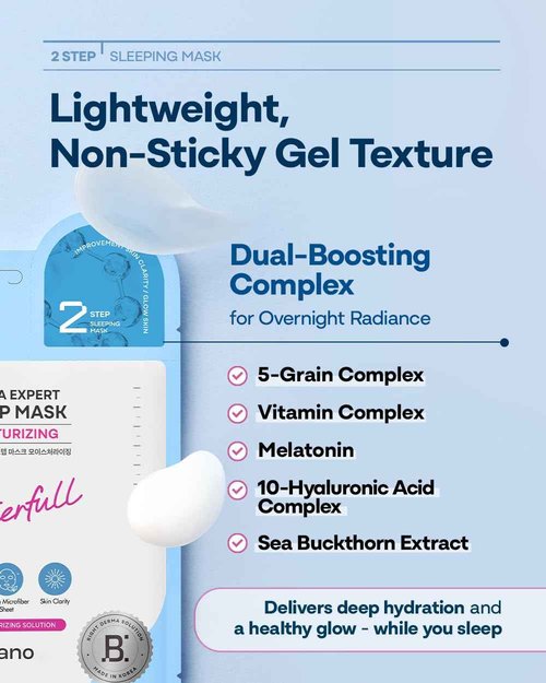Bano Derma Expert 2 Step Moisturizing Face Mask – 2 in 1 Hydrating Sheet & Sleeping Mask with Hyaluronic Acid, Ceramide & Niacinamide | Supports Skin Barrier & Glow | Korean Skincare | 7 Sheets