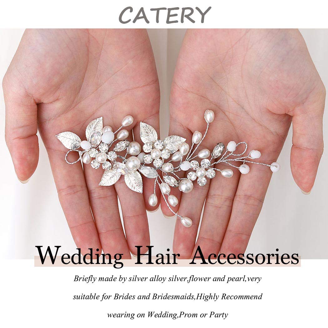 Catery Bride Wedding Headband Silver Crystal Hair Vine Flower Hair Piece Leaf Pearl Hair Jewelry Braid Headpieces Bridal Hair Accessories for Women and Girls (A-Silver)