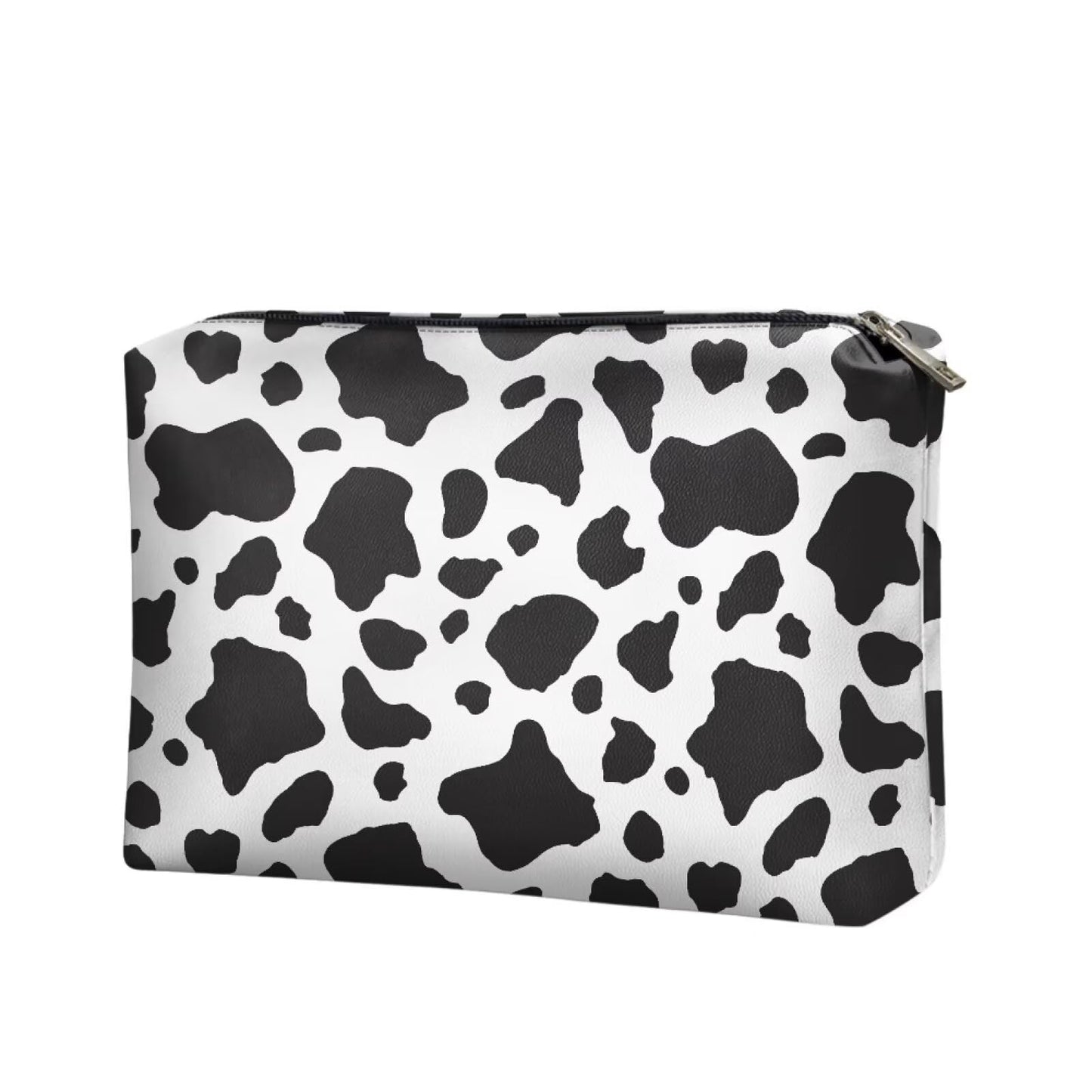 ELEDIZI Cow Print Makeup Bag for Purse Cute Makeup Pouch Aesthetic Black and White Skincare Bag Leather Clutch Bags for Women Waterproof Cosmetic Pouch Portable Makeup Brush Storage Birthday Gifts