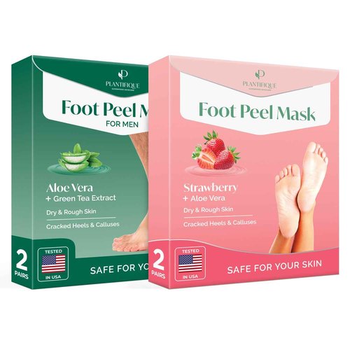 PLANTIFIQUE Foot Peeling Mask Dermatologically Tested Repairs Heels, Removes Dry Dead Skin for Baby Soft Feet Exfoliating Strawberry 2 pack and Men 2 pack