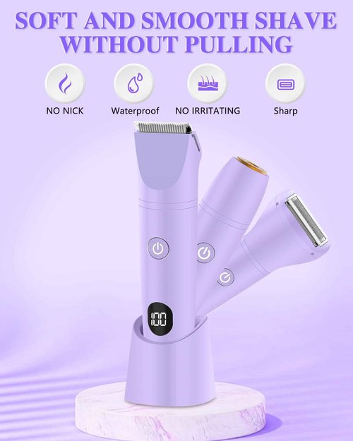 Bikini Trimmer for Women, Electric Razor for Pubic Hair 3-in-1, Bikini Shaver for Legs Body Hair, Womens Electric Razor IPX6 Waterproof, Gifts for Women,Purple