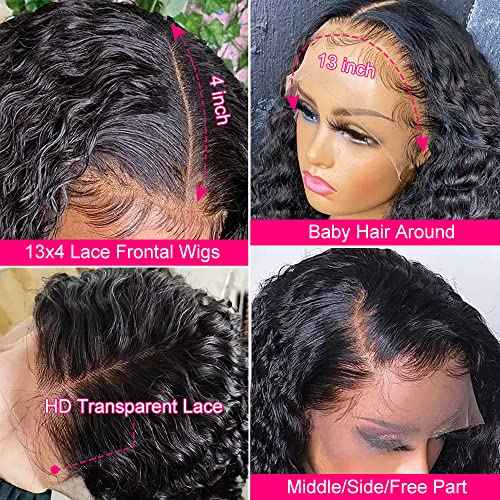 FIRIEYA 13x4 Deep Wave Lace Front Wigs Human Hair 180% Density Glueless HD Transparent Lace Frontal Human Hair Wigs Pre-Plucked with Baby Hair Natural Color (20inch, Natural Black)