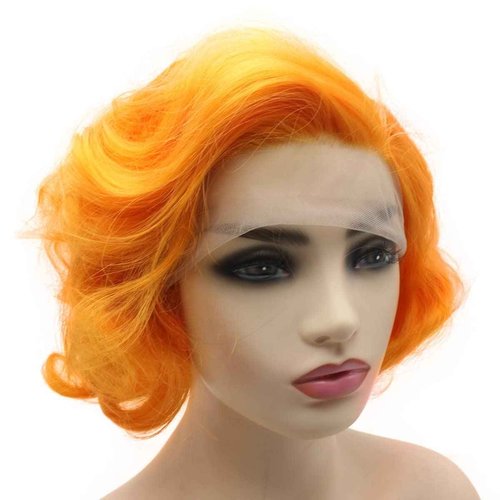 Peakia Short Wavy Wig Orange Half Hand Tied Lace Frontal Wigs Synthetic