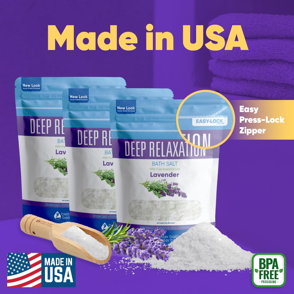 Deep Relaxation Bath Salt (3-Pack Plus Scoop) Relaxing Bath Soaks with Pure Essential Oils in BPA Free Pouch with Press-Lock Seal Made in USA, 3-Pack of 2-lbs, 6-lbs Total with Bamboo Scoop